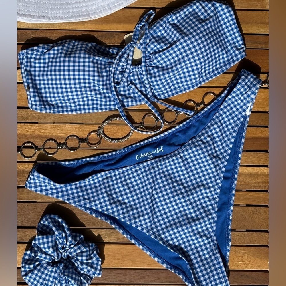 LARGE NWT Checkered Bikini Bandeau Top 3piece set matching scrunchie Blue White